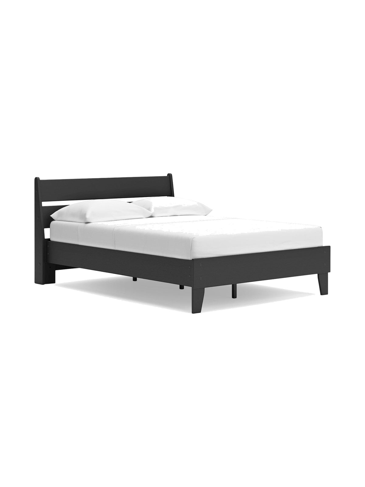 Lit double Solene TOCO Meubles en bois noir avec tête de lit incurvée et pieds fuselés, sur fond blanc.