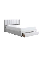 Lit double TOCO Meubles Zoey beige avec tête de lit capitonnée verticale et tiroirs de rangement intégrés