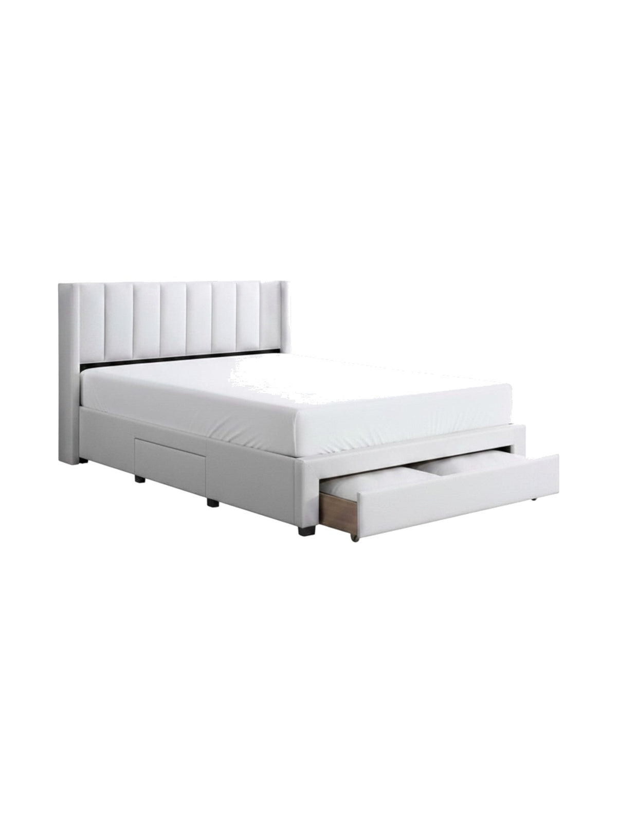 Lit double TOCO Meubles Zoey beige avec tête de lit capitonnée verticale et tiroirs de rangement intégrés
