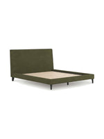 TOCO Meubles Alma upholstered bed frame in sage green fabric with low profile and wooden slats. Mid-century modern style.