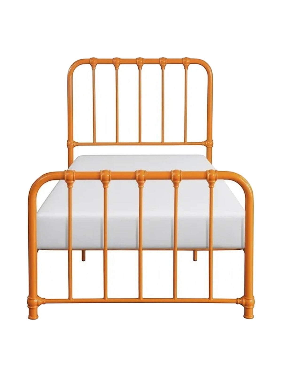 Lit simple Daisy orange en métal de TOCO Meubles avec barreaux verticaux et détails décoratifs.