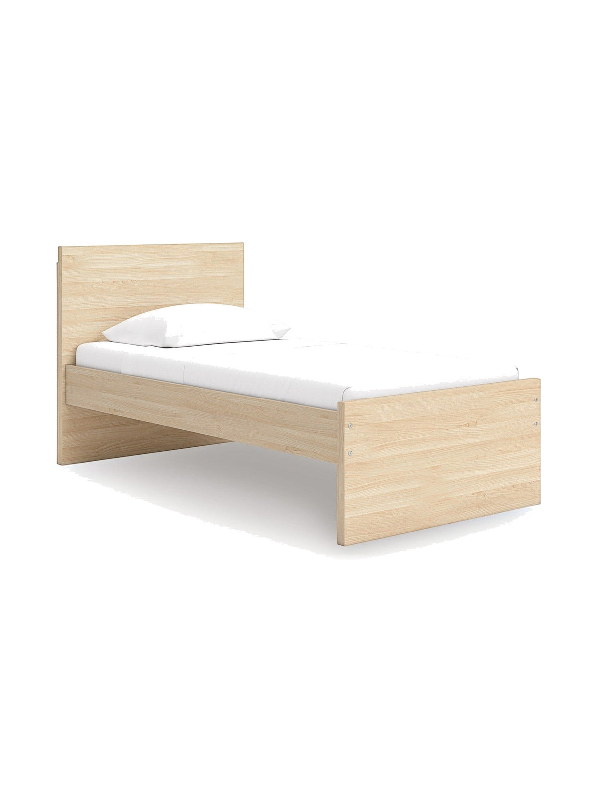 Lit simple plateforme en bois clair TOCO Meubles, design minimaliste avec tête de lit rectangulaire et matelas blanc.