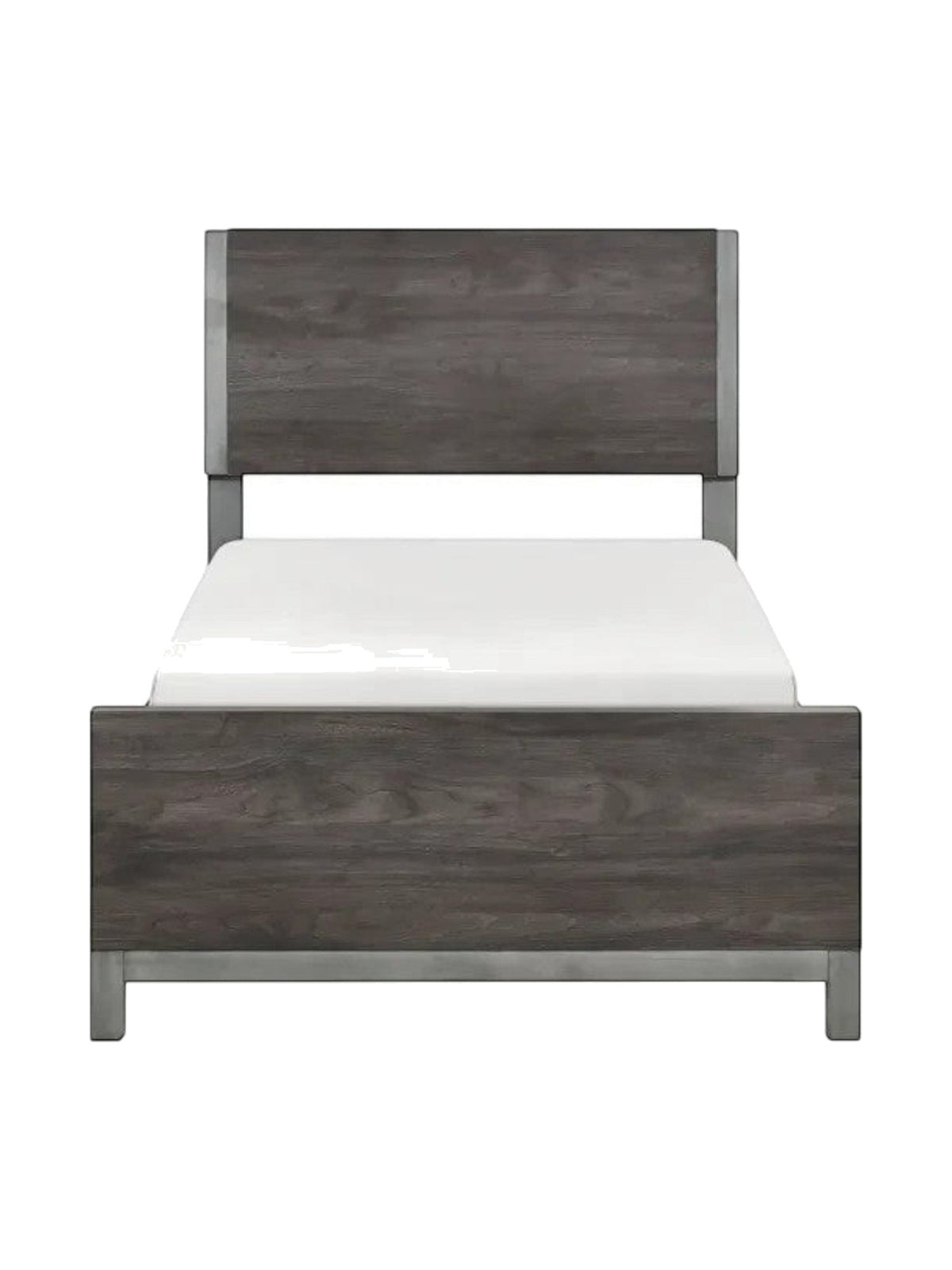 Lit simple Stella TOCO Meubles en imitation bois gris avec détails métalliques, design moderne et épuré.