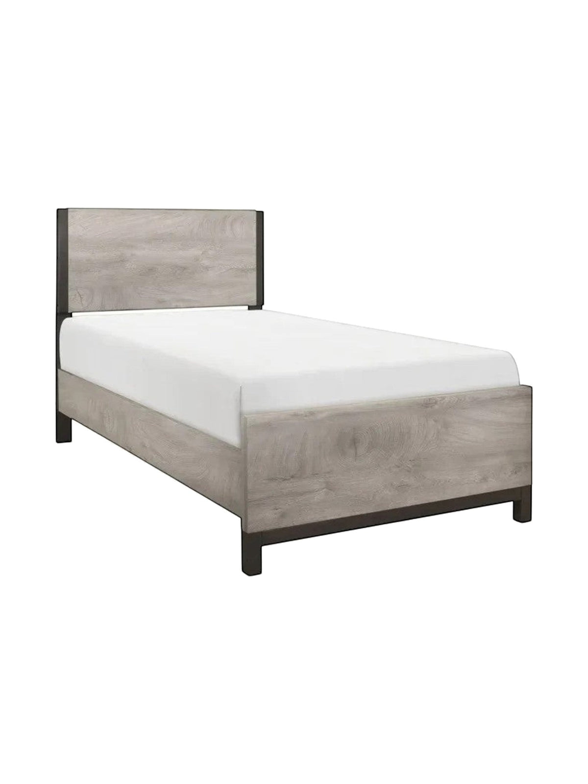 Lit simple Stella TOCO Meubles gris imitation bois avec détails métalliques, design moderne et épuré.