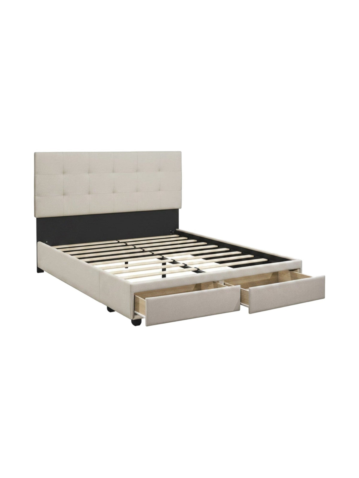 Grand lit Naya TOCO Meubles beige avec tête de lit capitonnée et deux tiroirs de rangement intégrés
