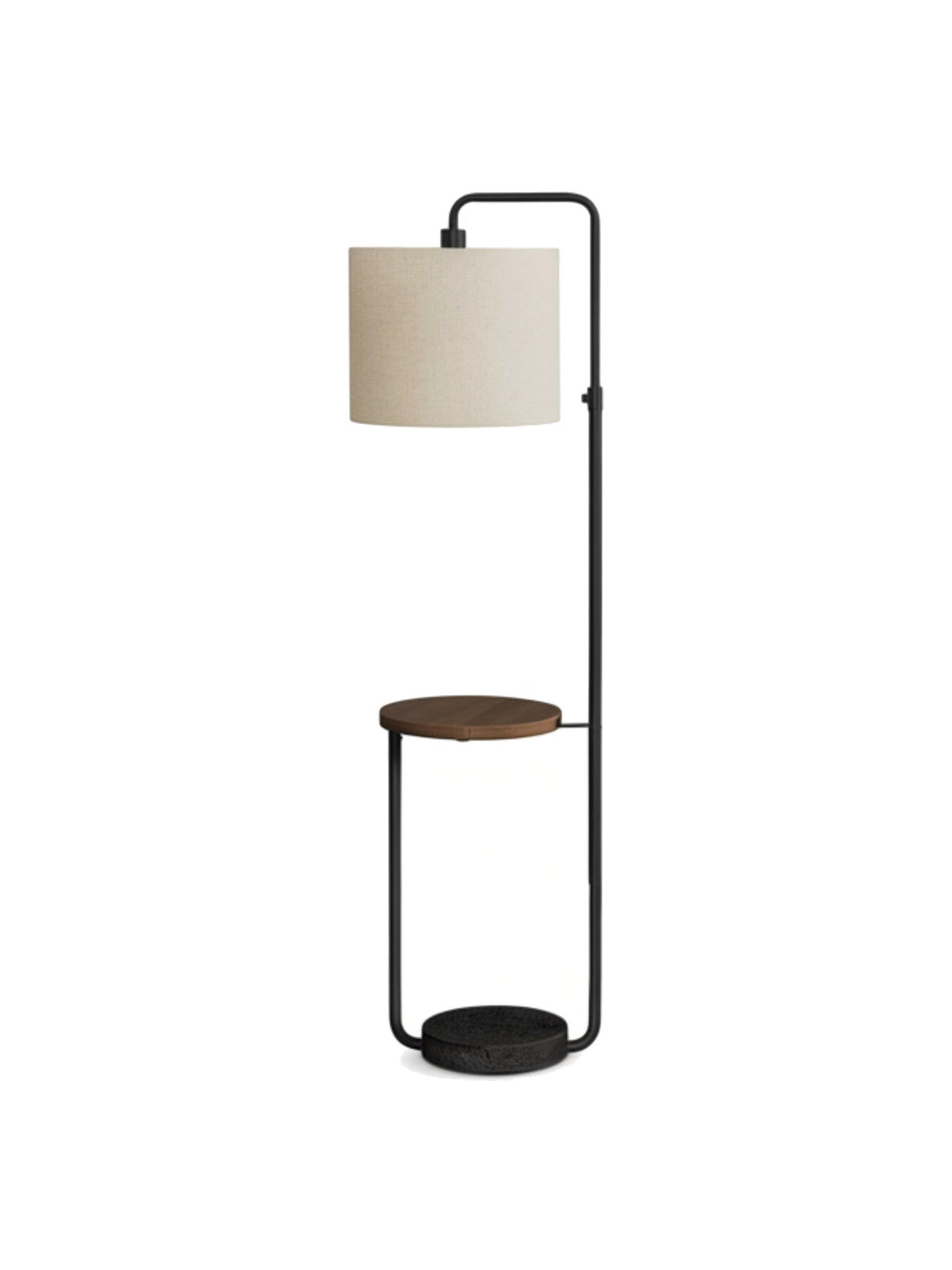 Lampadaire TOCO Meubles Cori avec structure en métal noir, tablette ronde en bois et abat-jour tambour en lin beige.