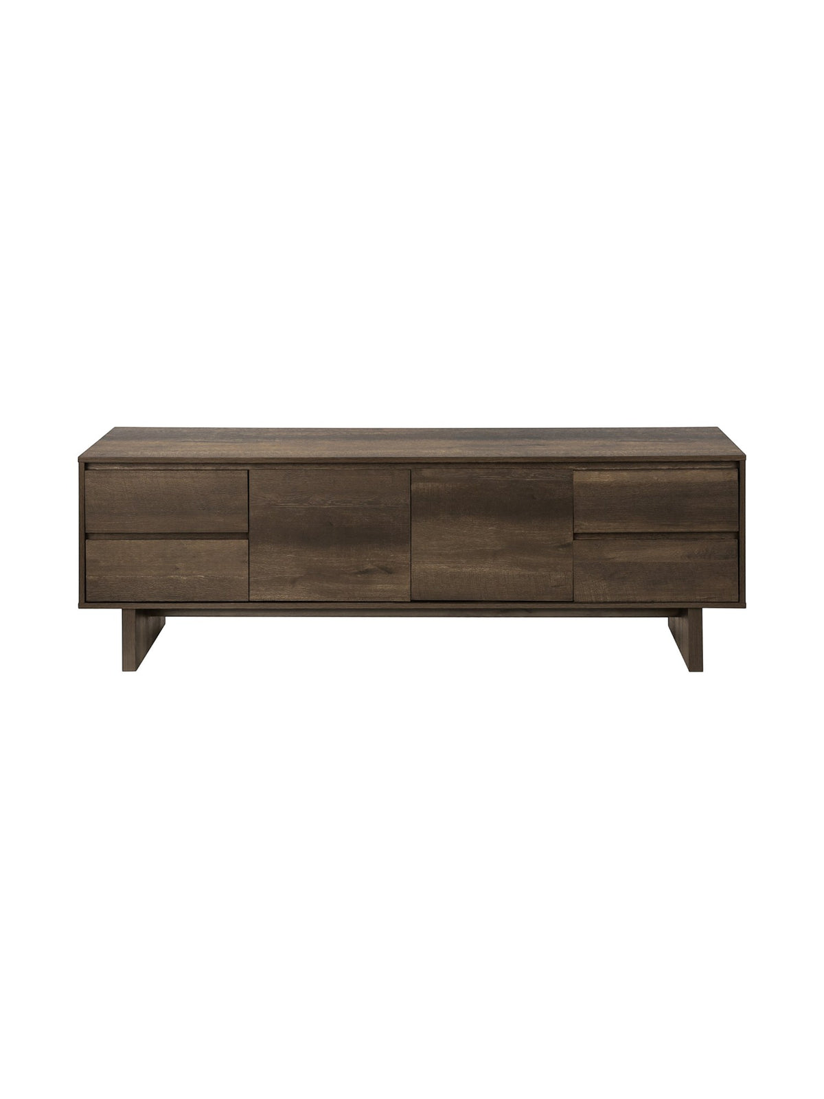 Meuble télé Laurent de TOCO Meubles en bois foncé avec quatre tiroirs et un design minimaliste sur pieds