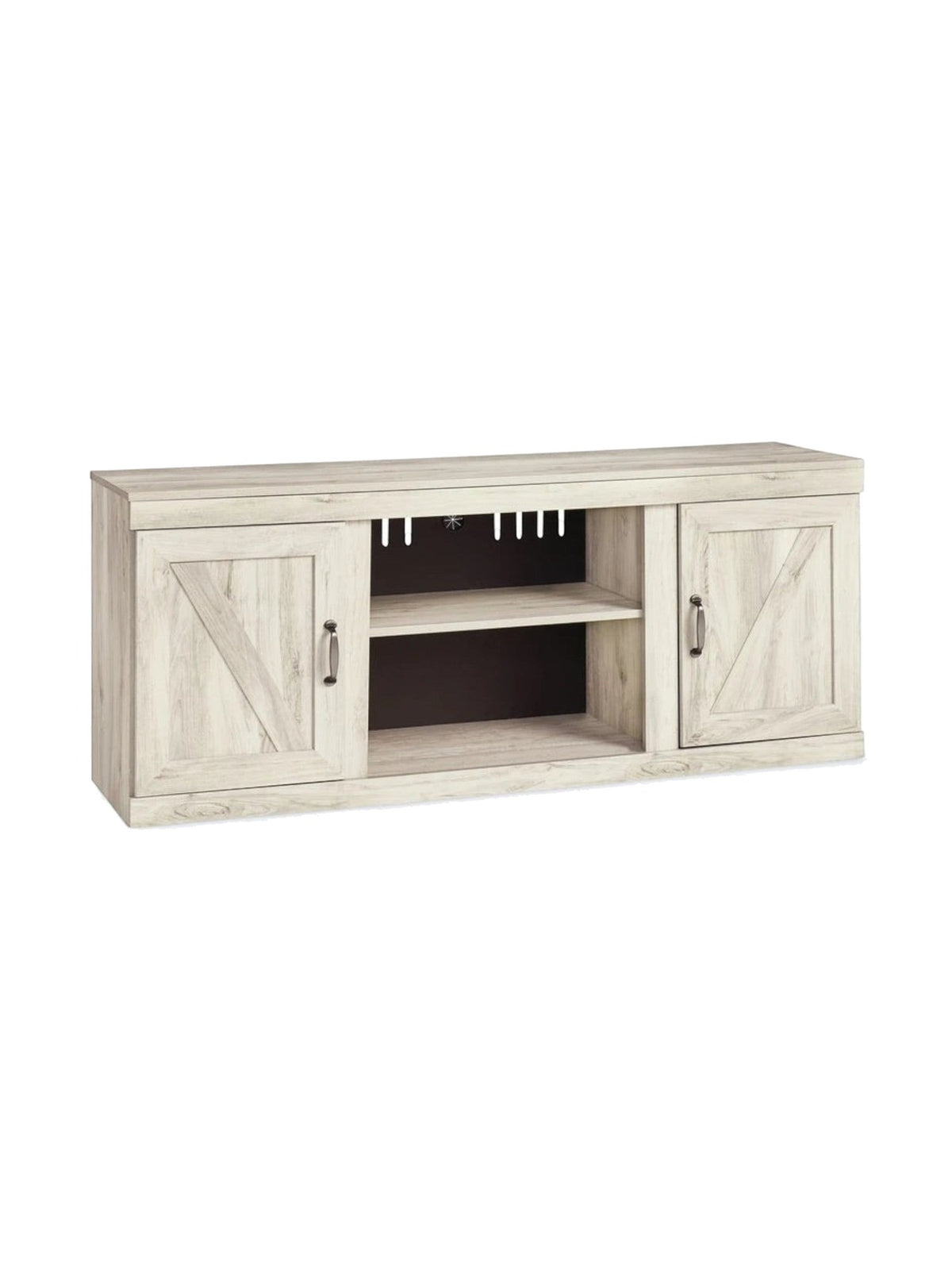 Meuble télé TOCO Meubles Bella 60 pouces en bois blanchi avec portes de style grange et étagère centrale ouverte