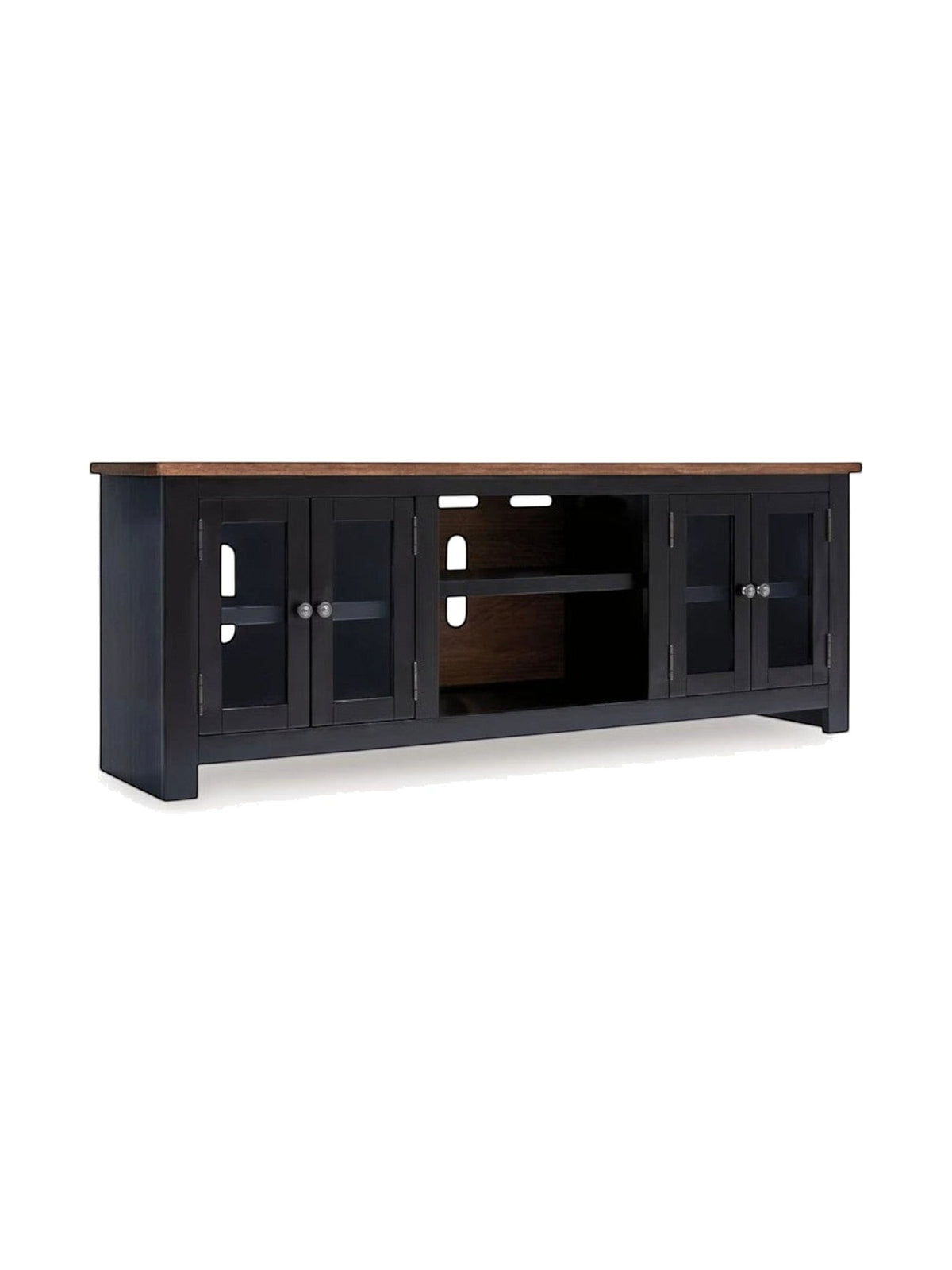Meuble télé Belmont 76 pouces TOCO Meubles en bois noir et brun avec portes vitrées et espace pour foyer électrique