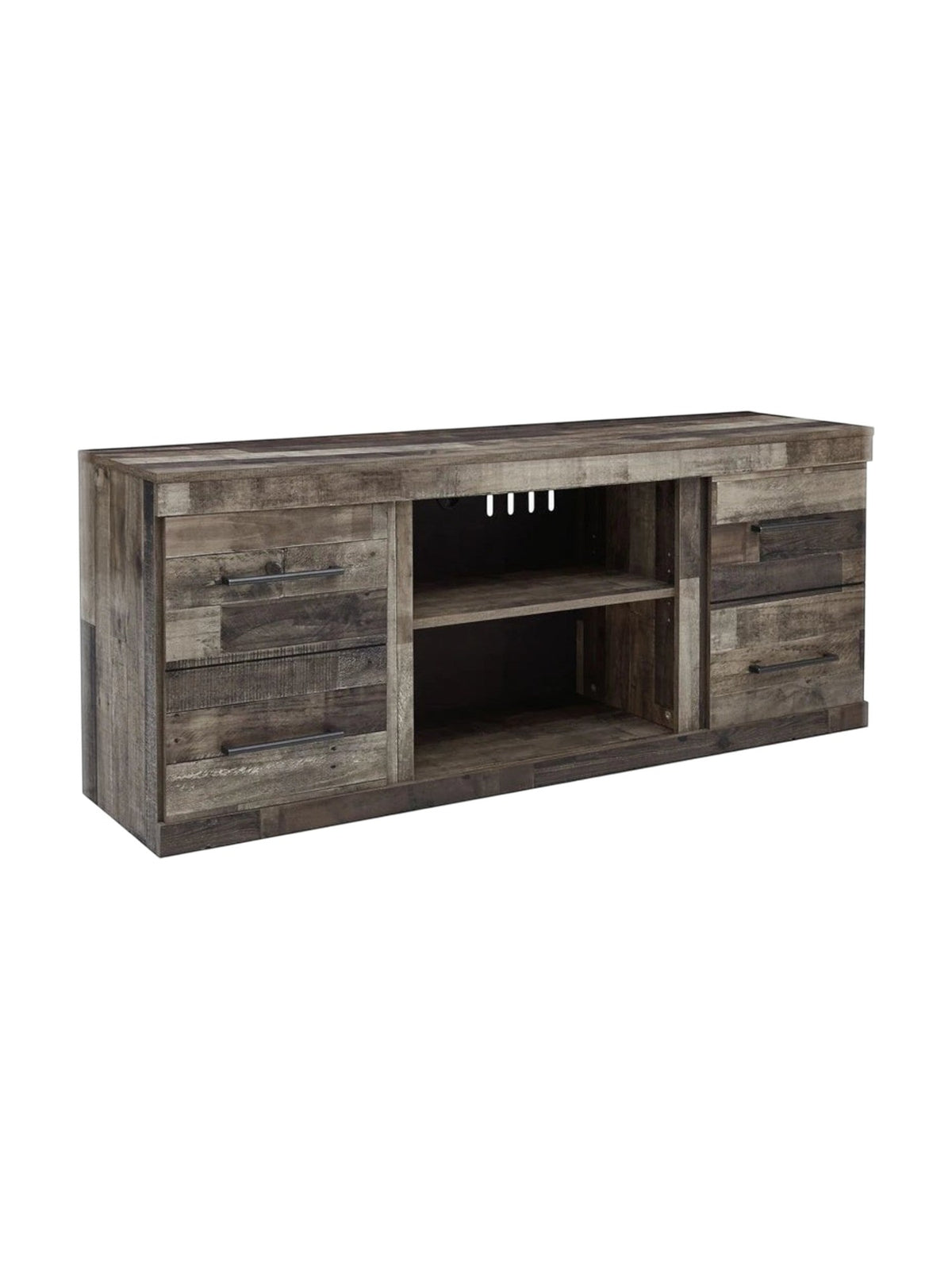 Meuble télé TOCO Meubles Derek 60 pouces en bois gris rustique avec tiroirs et étagères centrales