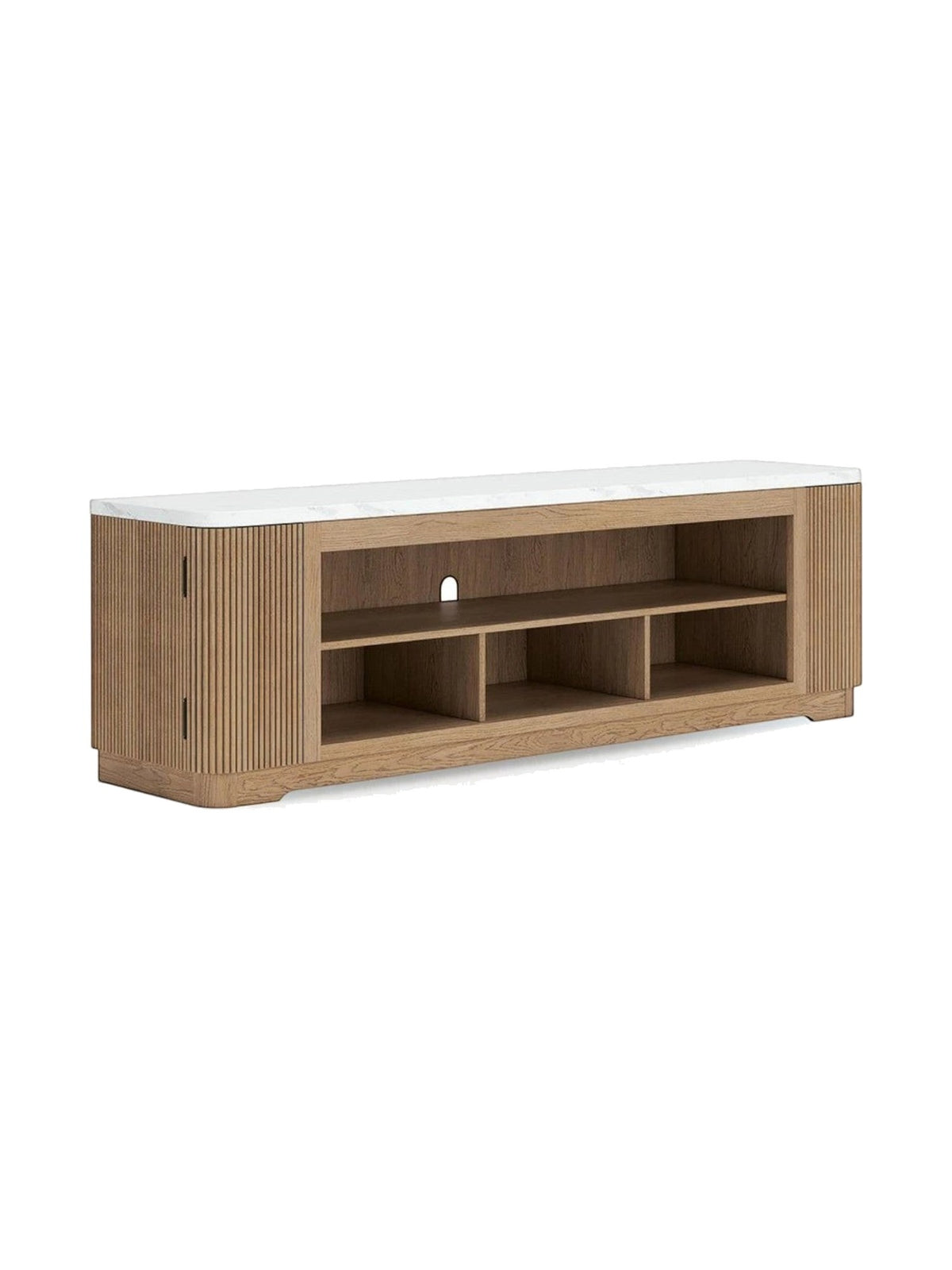 Meuble télé TOCO Meubles Milan 80 pouces en bois clair avec plateau effet marbre et façades texturées à rainures