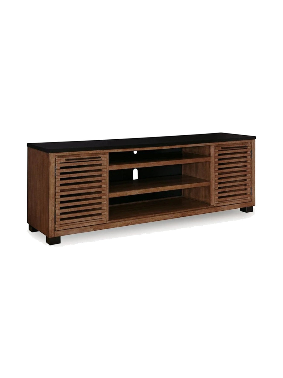 Meuble télé TOCO Meubles Victor 84 pouces en bois brun avec portes à lattes et dessus noir, option foyer incluse