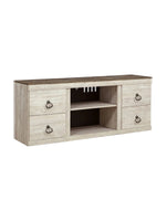 Meuble télé TOCO Meubles Willow 60 pouces au fini bois blanchi avec tablettes centrales et poignées rustiques