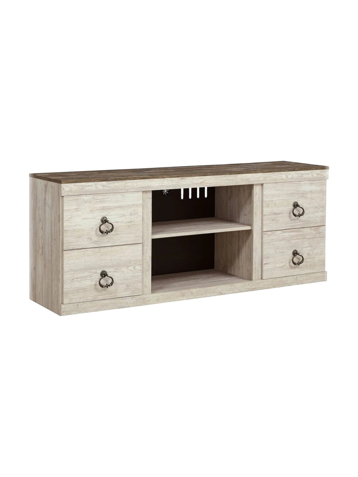 Meuble télé TOCO Meubles Willow 60 pouces au fini bois blanchi avec tablettes centrales et poignées rustiques