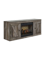 Meuble télé TOCO Meubles 60 pouces gris style rustique avec portes coulissantes et foyer électrique intégré