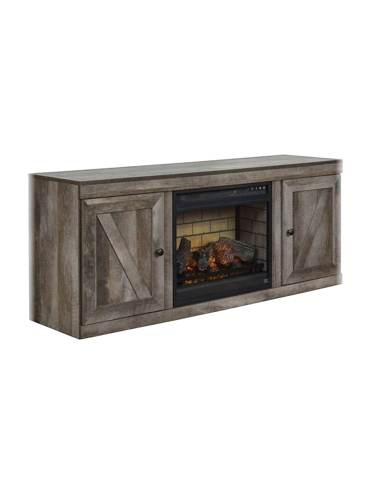 Meuble télé TOCO Meubles 60 pouces gris style rustique avec portes coulissantes et foyer électrique intégré