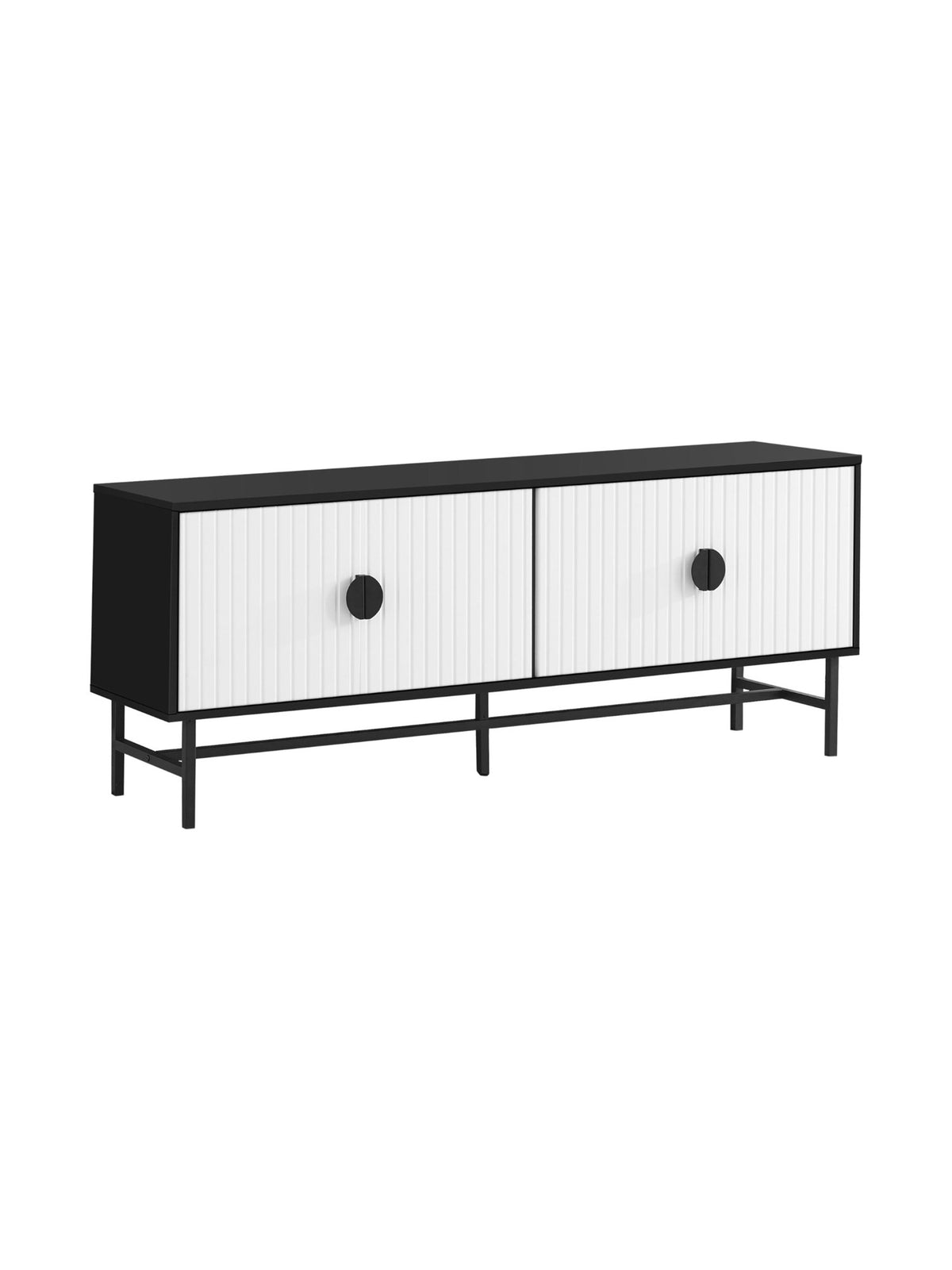 Meuble télé Clara TOCO Meubles noir et blanc avec façades striées et pieds en métal noir