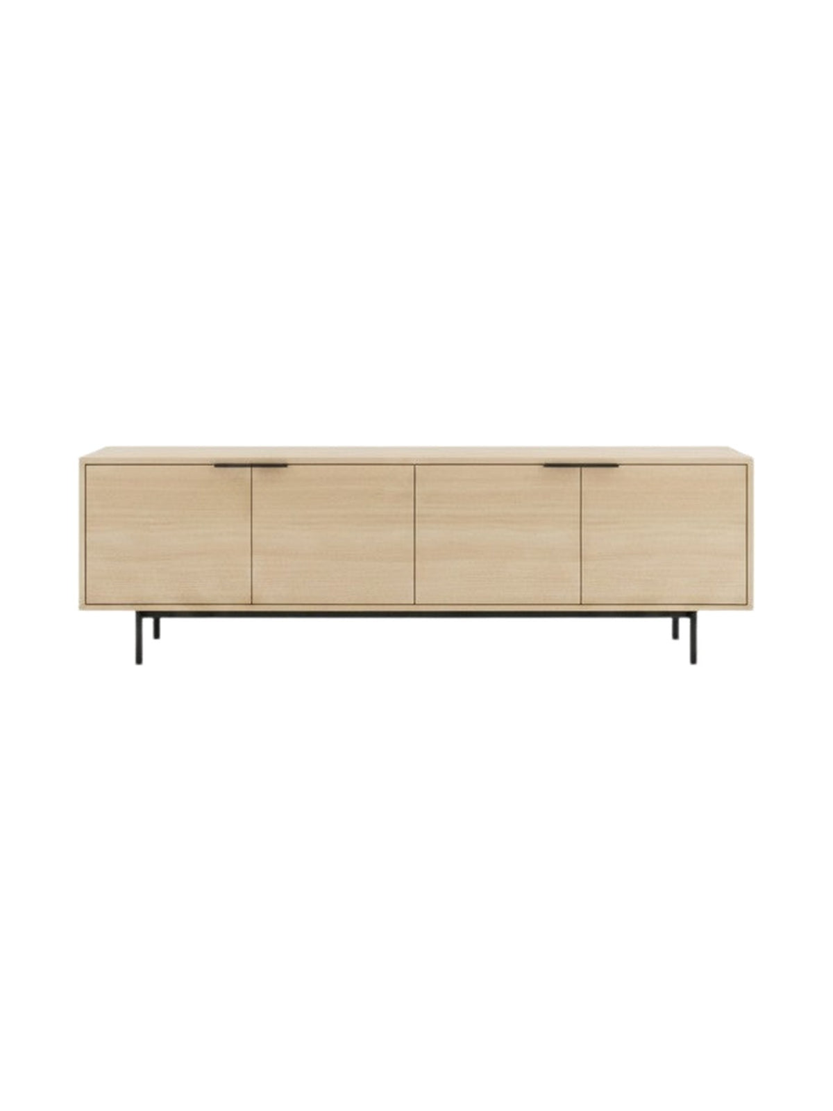 Meuble télé TOCO Meubles Denver 70 pouces en bois clair avec quatre portes de rangement et pieds en métal noir
