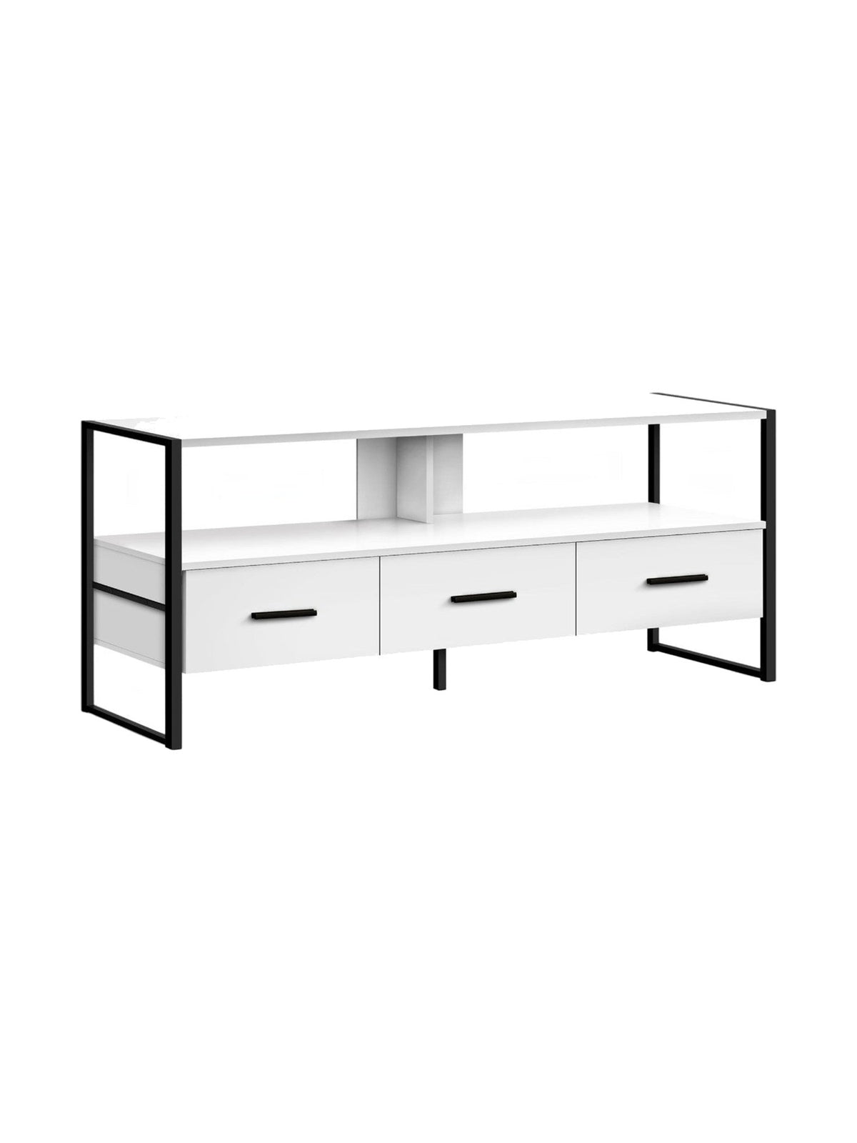 Meuble télé Fero 48 pouces blanc par TOCO Meubles avec structure en métal noir et trois tiroirs de rangement