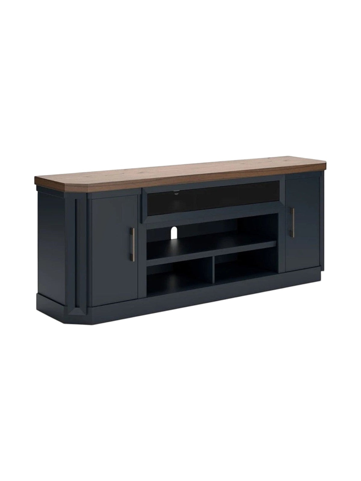 Meuble télé TOCO Meubles Léo 84 pouces bicolore bleu et bois avec rangement et option foyer électrique