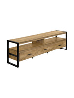 Meuble télé TOCO Meubles Mango 72 pouces en bois brun avec structure en métal noir et trois tiroirs de rangement