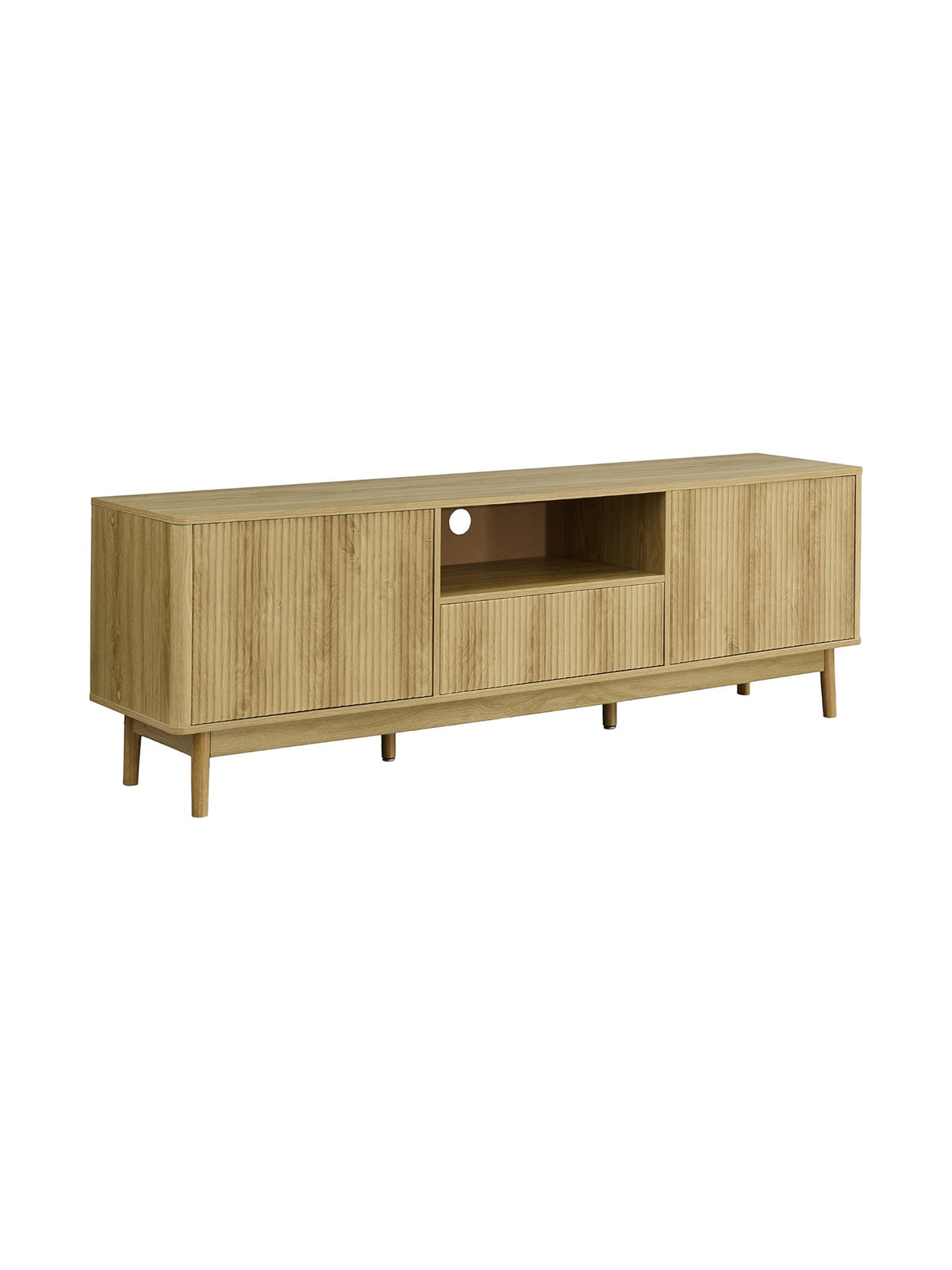 Meuble télé Olivia TOCO Meubles en bois clair avec façades rainurées, étagère centrale et pieds scandinaves