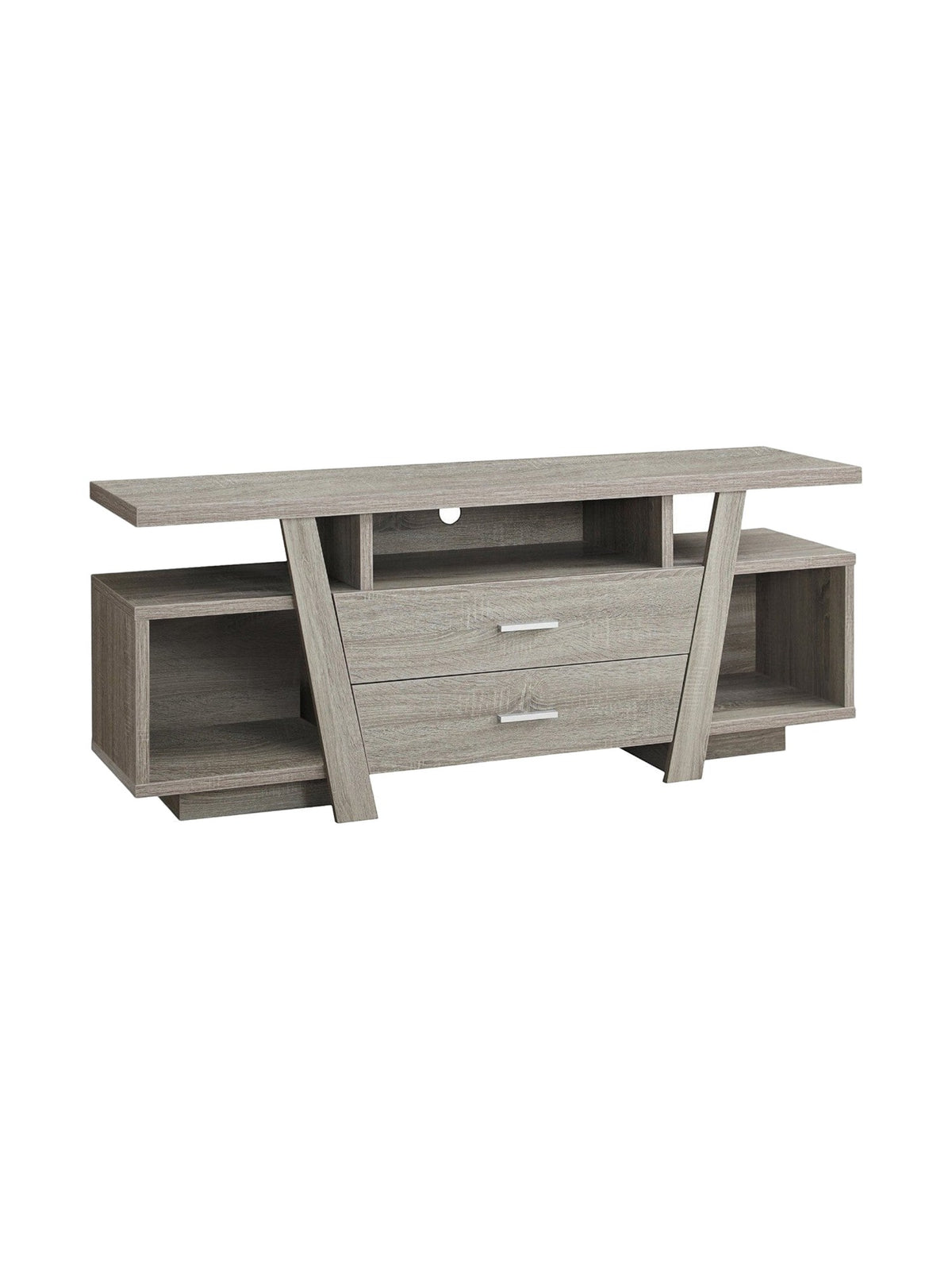 Meuble télé Quaro 60 pouces de TOCO Meubles en bois gris avec deux tiroirs et étagères de rangement ouvertes