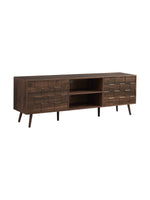 Meuble télé Véra par TOCO Meubles en bois foncé avec portes texturées à motifs carrés et pieds compas style rétro