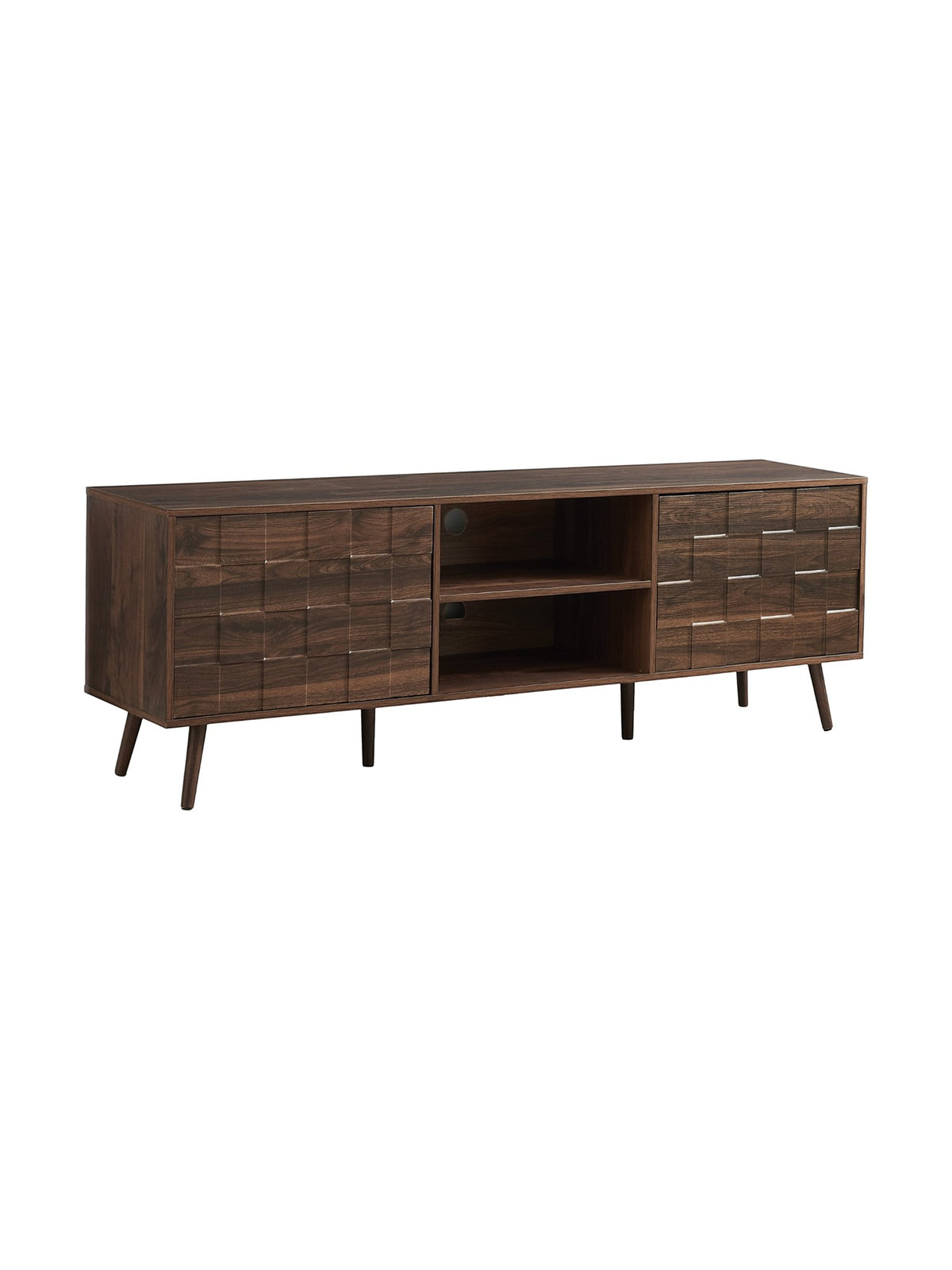 Meuble télé Véra par TOCO Meubles en bois foncé avec portes texturées à motifs carrés et pieds compas style rétro