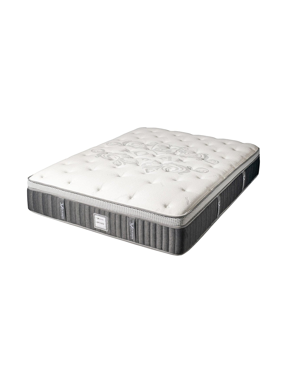 Matelas TOCO Meubles Optima avec surface matelassée blanche et côtés gris, offrant un soutien ergonomique.
