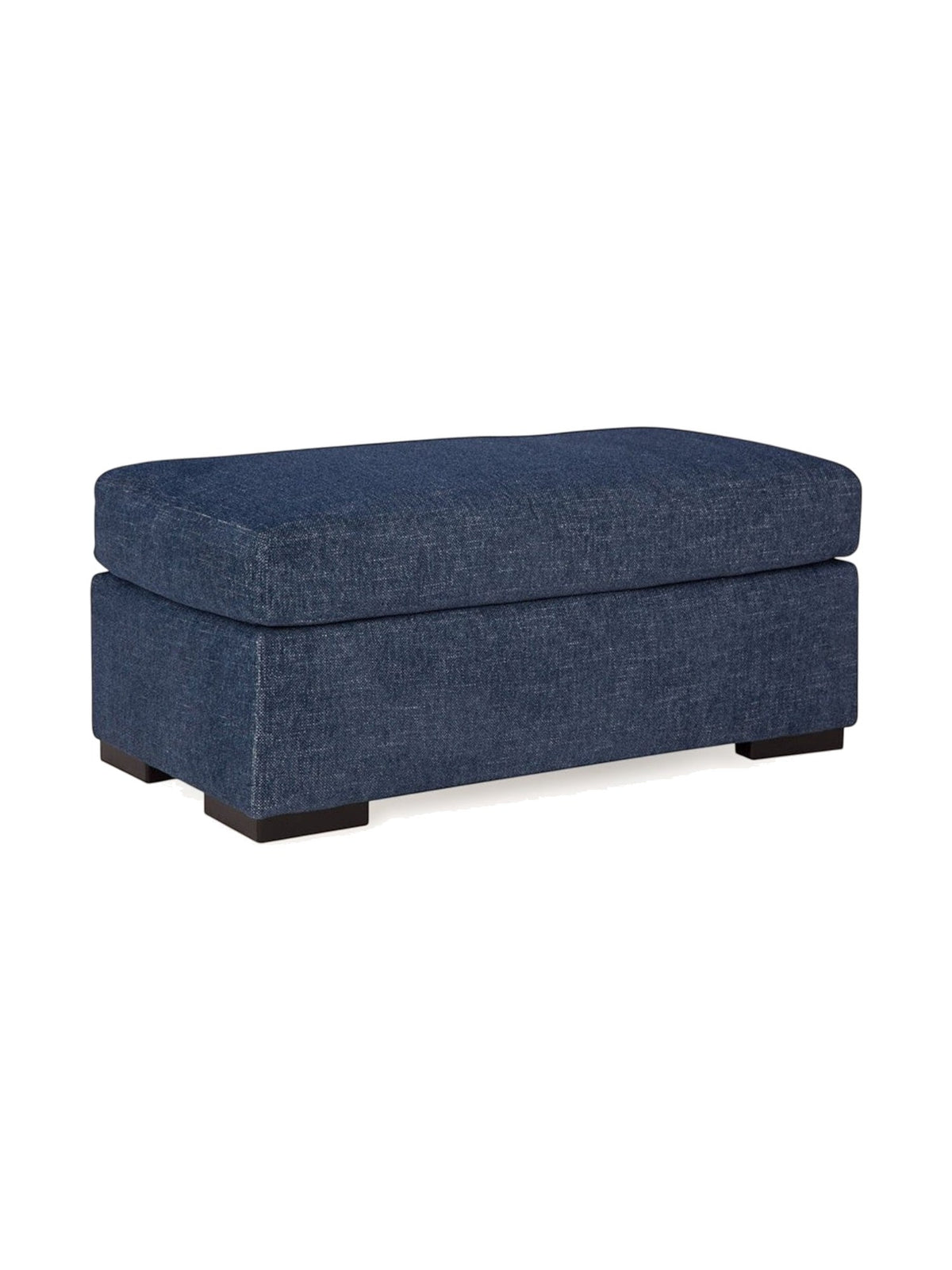Ottoman Evan de TOCO Meubles en tissu bleu texturé avec pieds en bois foncé pour un salon moderne