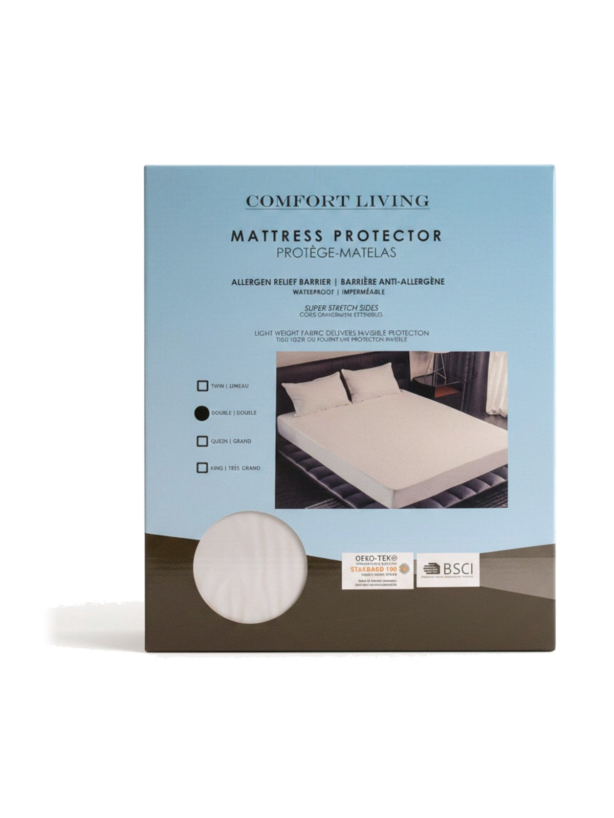 Emballage du protège-matelas imperméable et respirant TOCO Meubles Comfort Living avec détails techniques