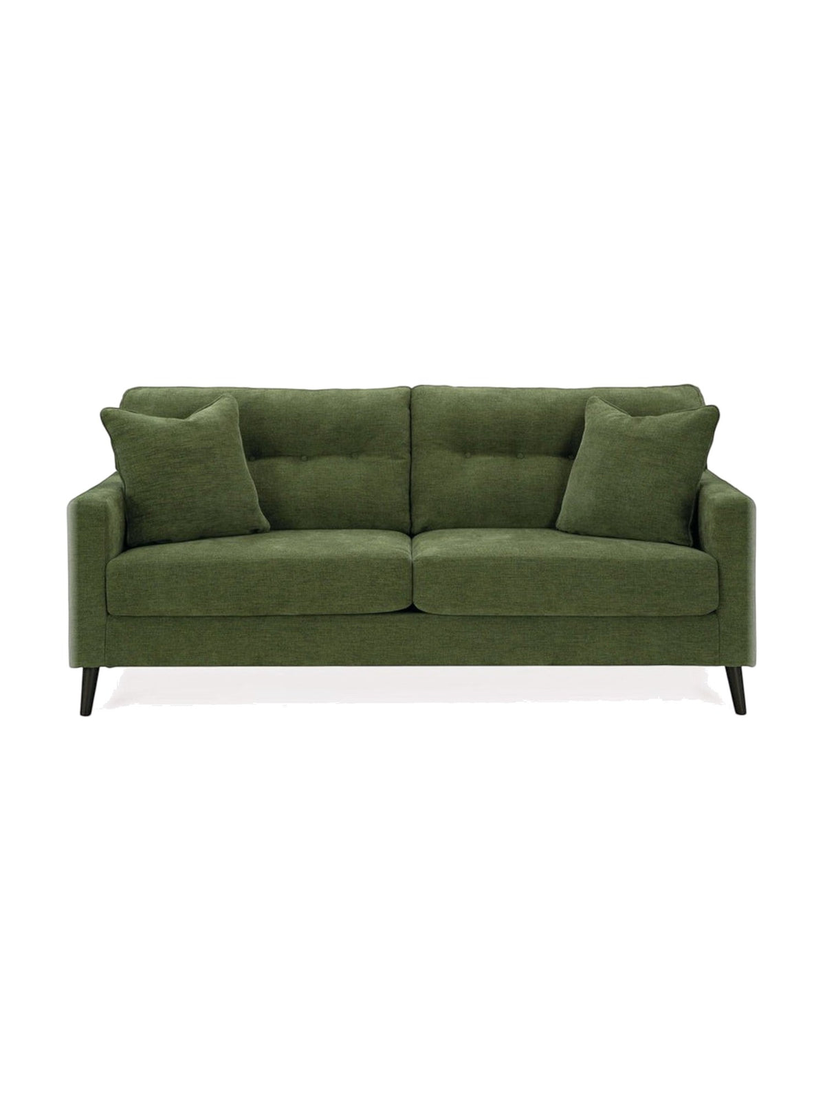 Sofa Bixo vert olive de TOCO Meubles avec coussins assortis et pieds noirs élégants