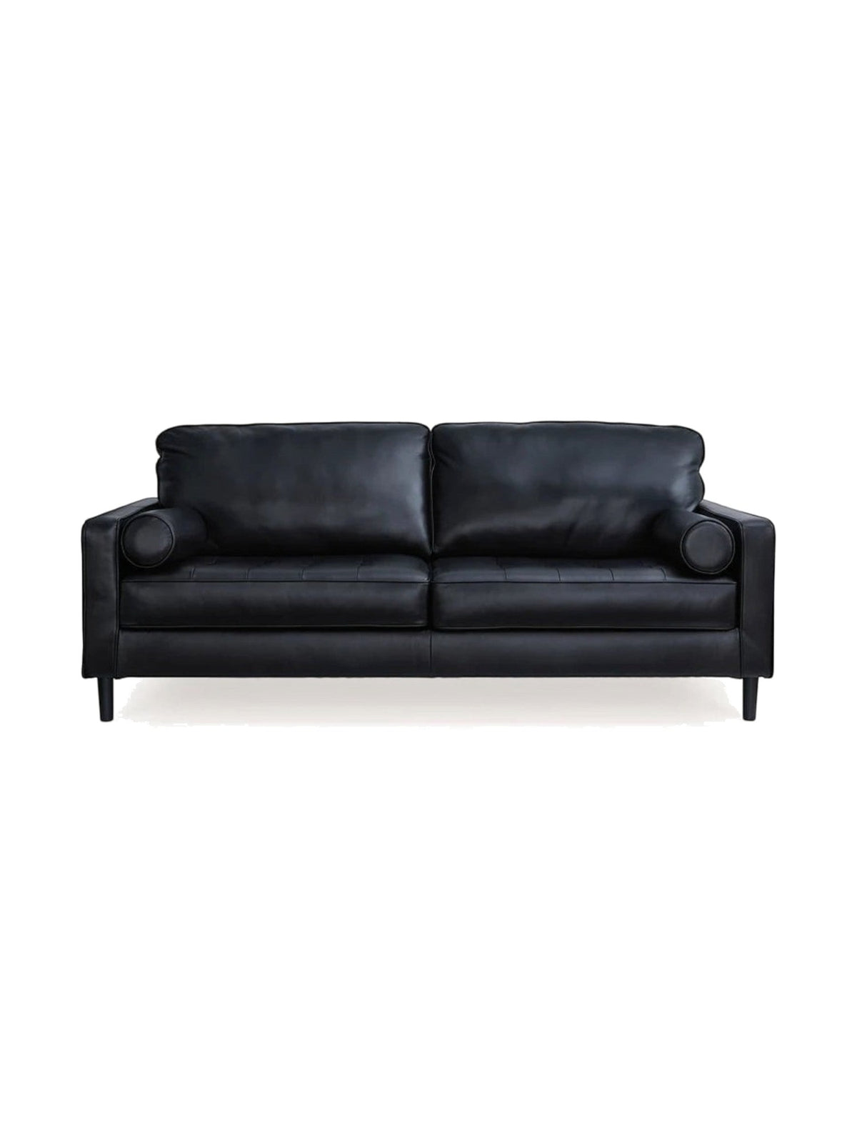 Sofa Bryce de TOCO Meubles en cuir noir avec coussins cylindriques et pieds fuselés