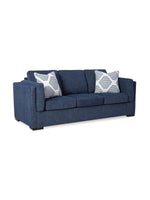 Sofa Evan bleu marine en tissu par TOCO Meubles avec deux coussins décoratifs à motifs géométriques blancs