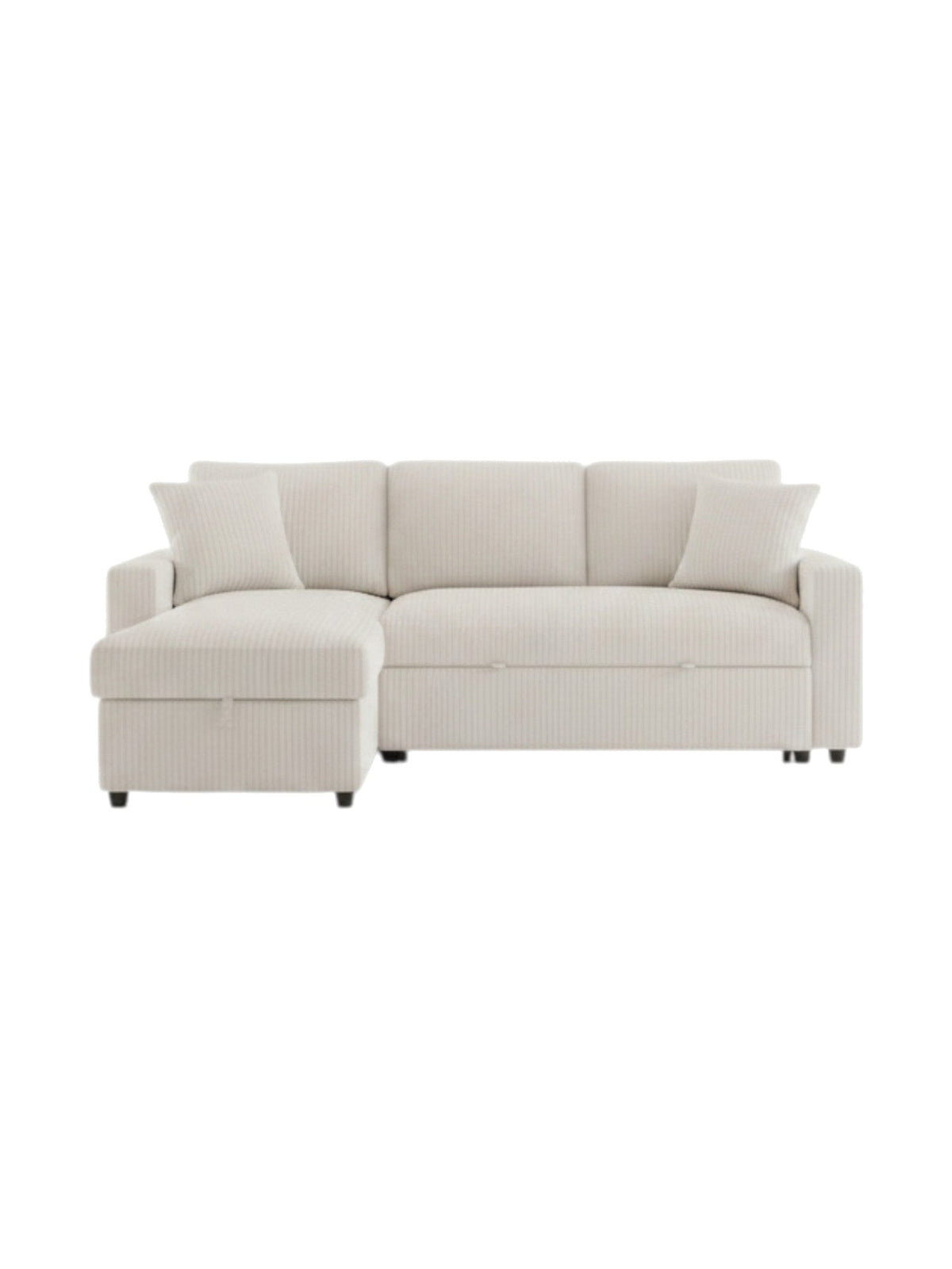 Sofa-lit sectionnel Alix beige de TOCO Meubles avec méridienne réversible, coffre de rangement et deux coussins