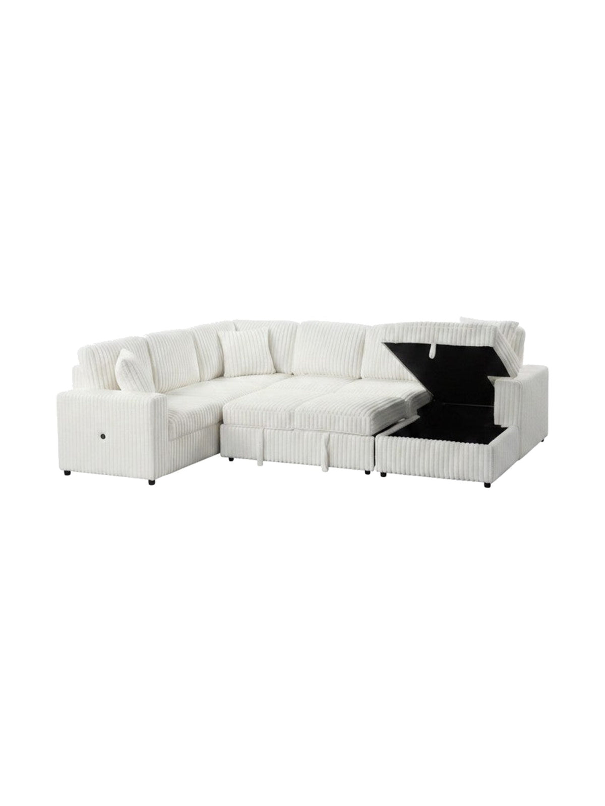 Sofa-lit sectionnel Célio blanc en velours côtelé avec rangement intégré, proposé par TOCO Meubles.