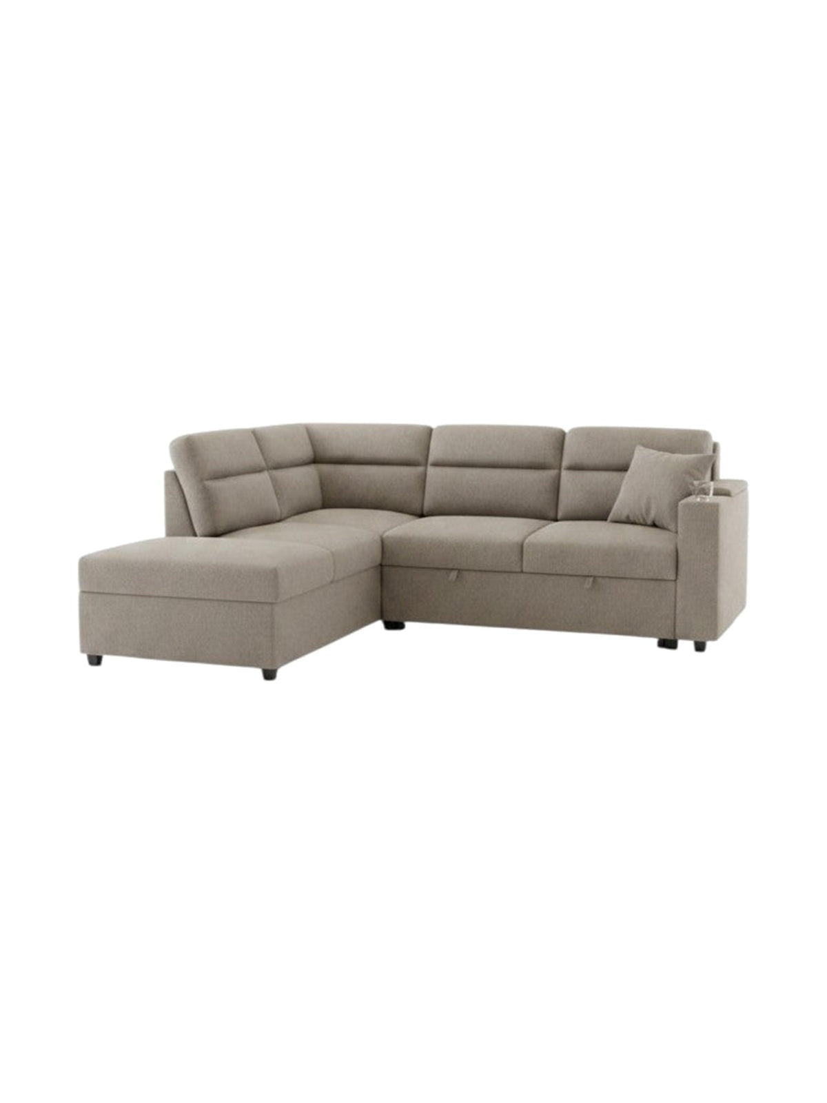 Sofa-lit sectionnel Émilio de TOCO Meubles en tissu beige avec méridienne, rangement intégré et lit gigogne