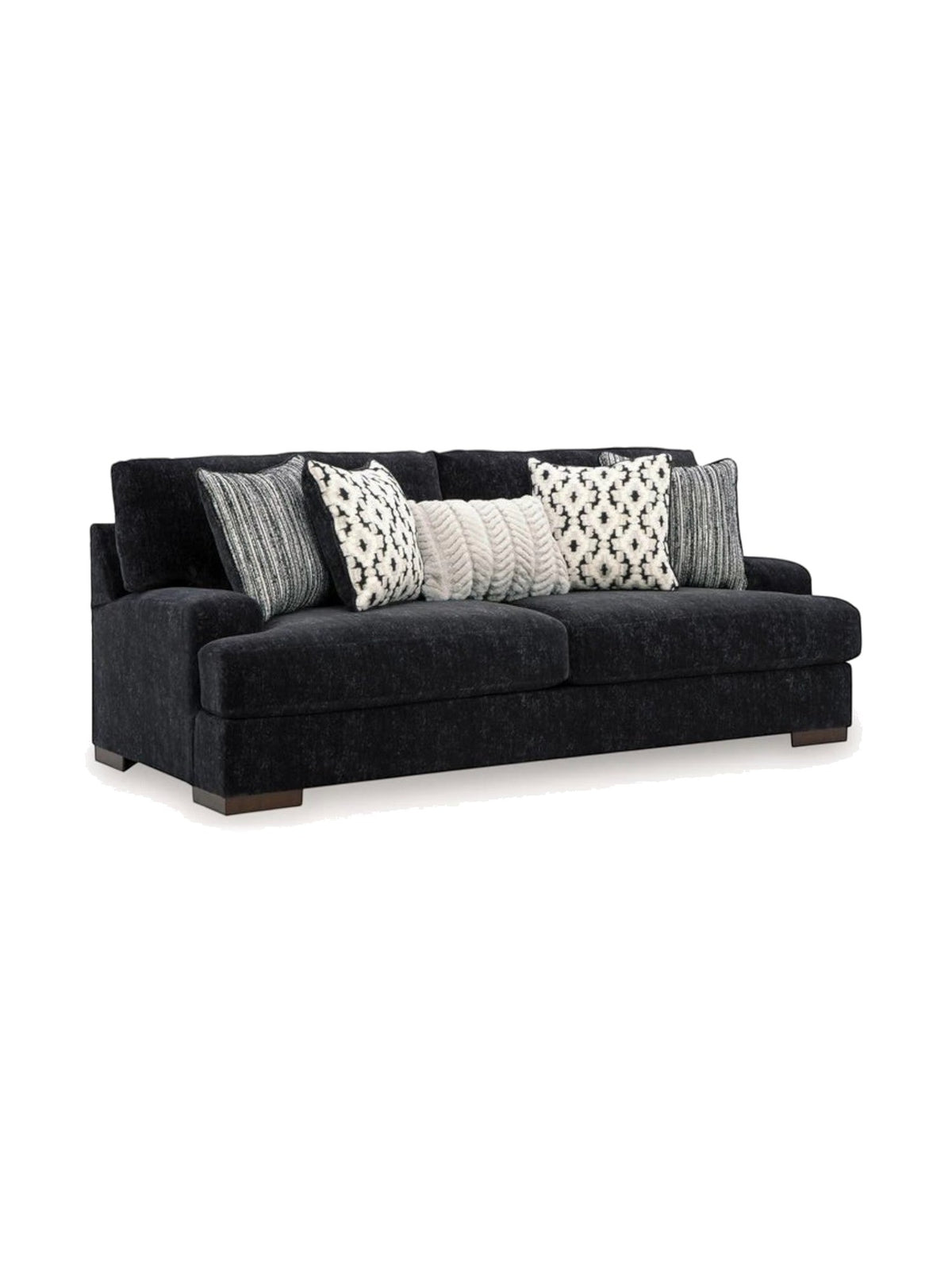 Canapé Mistral TOCO Meubles en tissu noir texturé avec coussins décoratifs à motifs géométriques