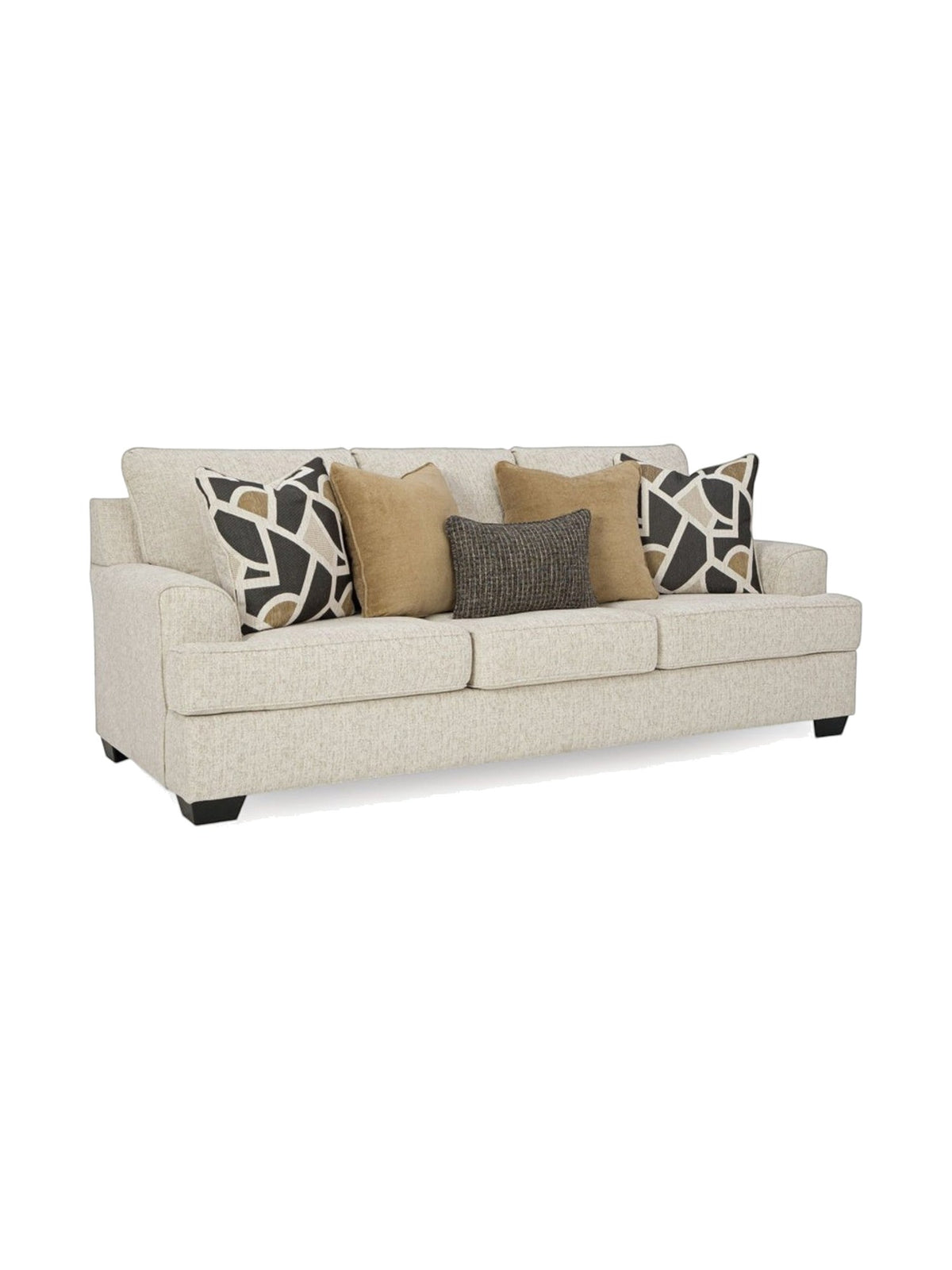 Canapé TOCO Meubles Moka couleur quartz avec coussins décoratifs géométriques et unis sur fond blanc