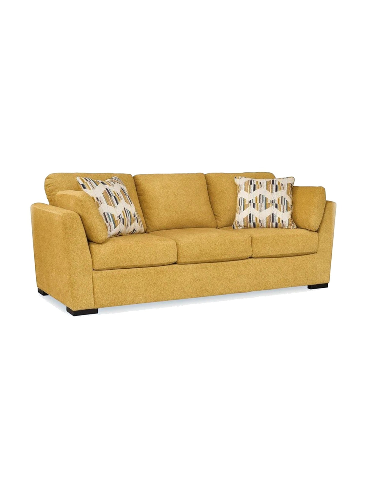 Canapé TOCO Meubles Owick jaune tournesol avec coussins décoratifs à motifs géométriques sur fond blanc