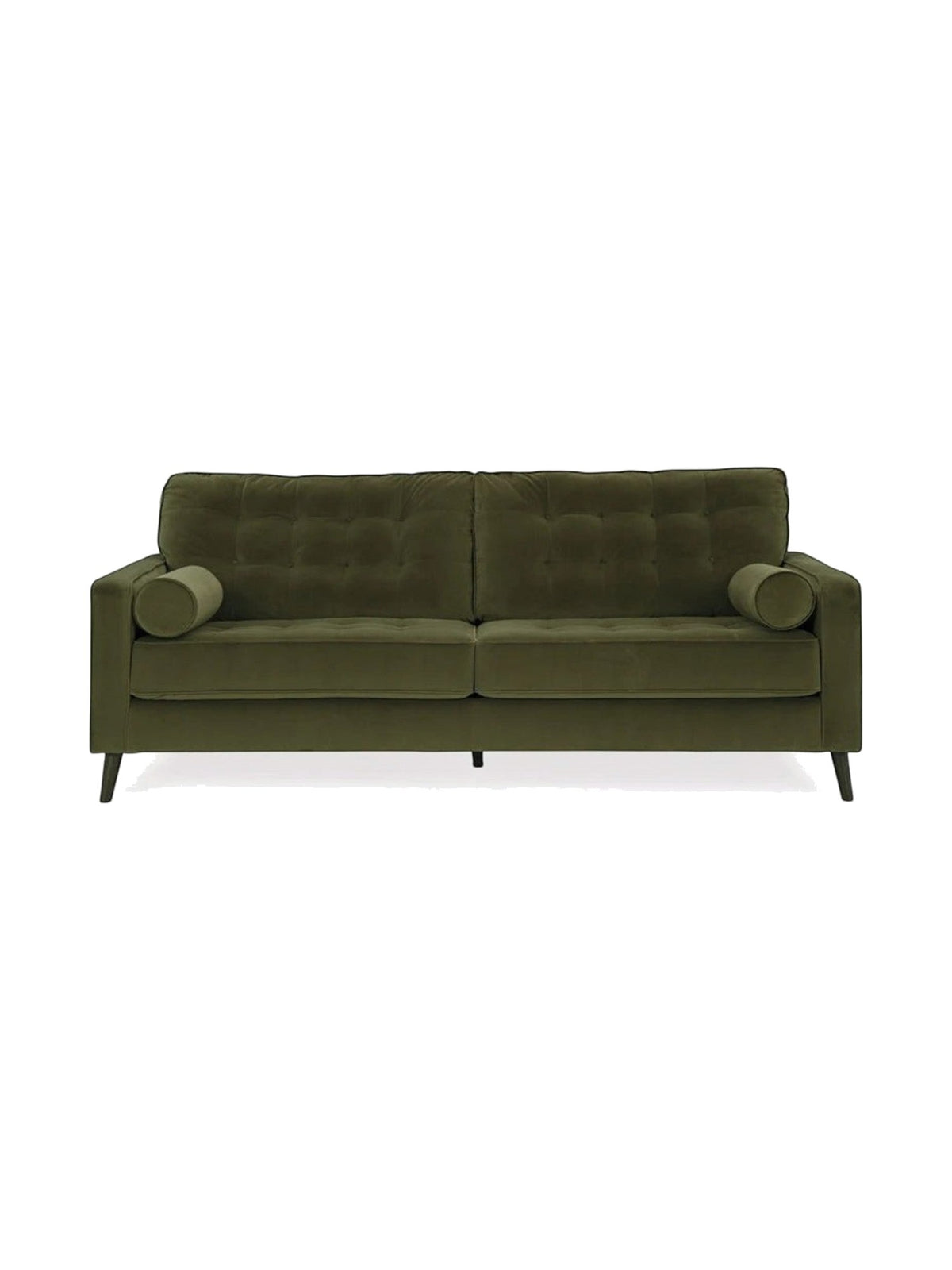 Canapé TOCO Meubles Revo en velours vert olive avec dossier capitonné et coussins cylindriques