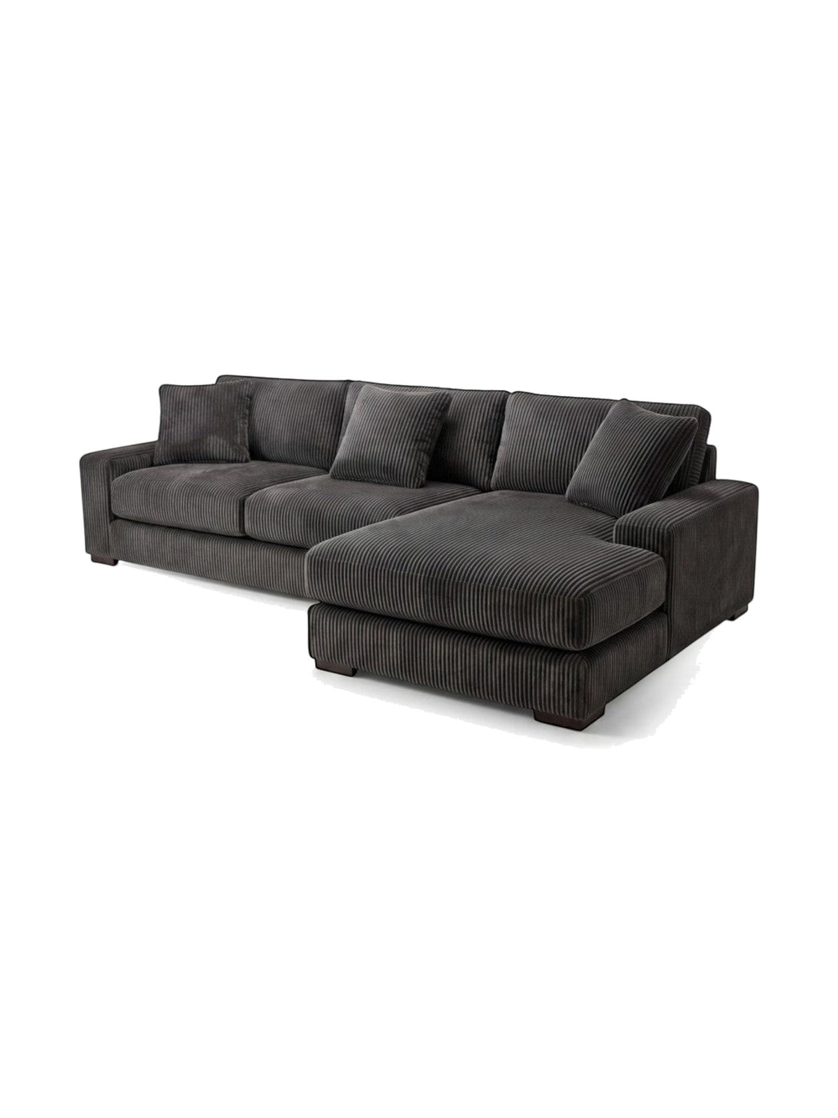 Sofa sectionnel TOCO Meubles Alpaga en velours côtelé gris foncé avec méridienne et coussins décoratifs