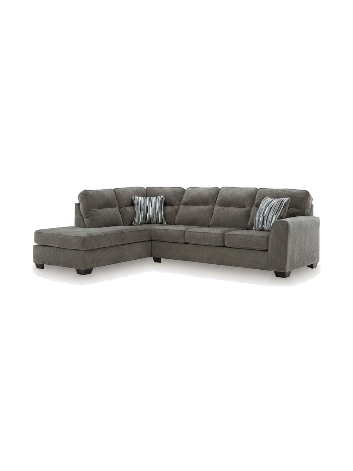 Sofa sectionnel Brutus de TOCO Meubles en tissu gris avec méridienne et coussins décoratifs rayés