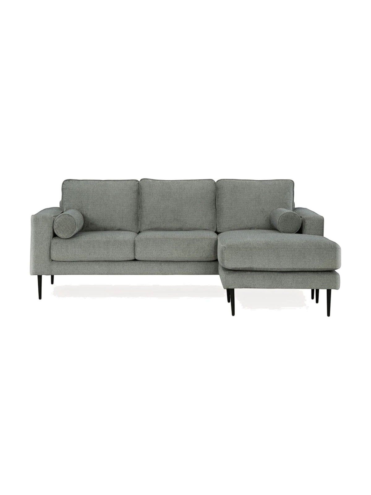 Sofa sectionnel Zela gris anthracite avec méridienne et coussins cylindriques, proposé par TOCO Meubles