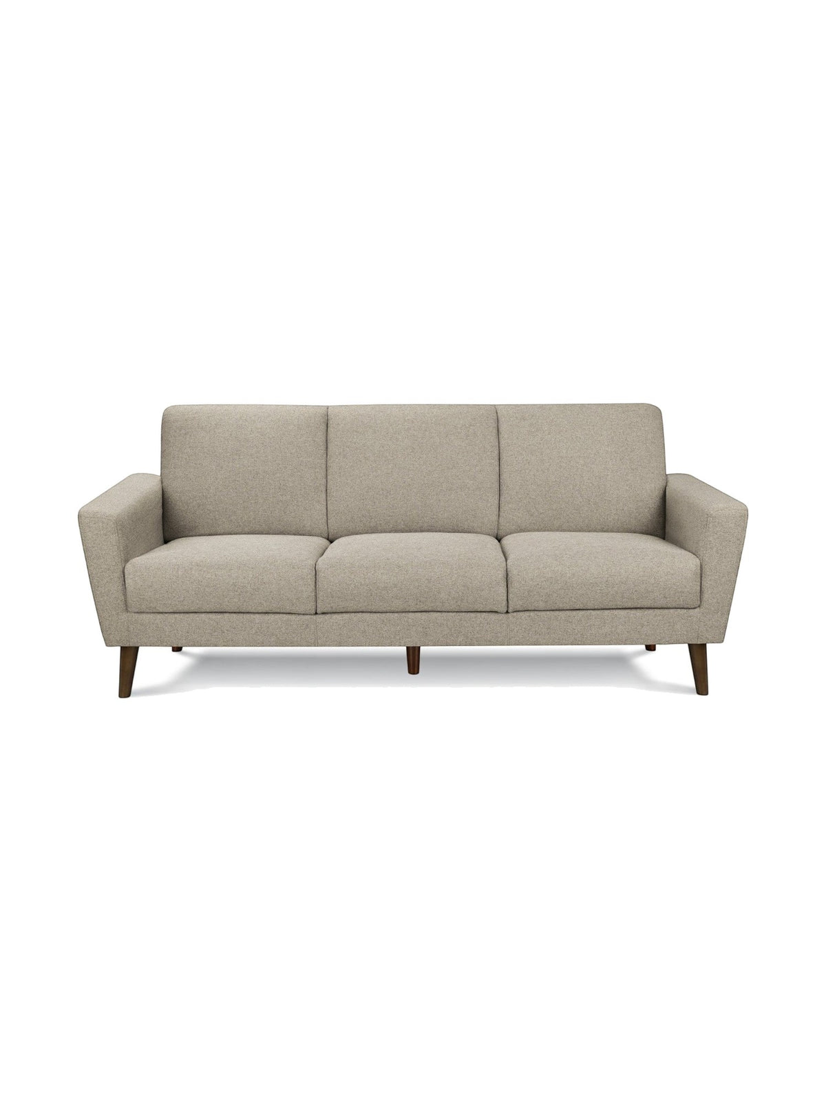 Canapé Tano beige en tissu de TOCO Meubles, 3 places, pieds en bois obliques, style moderne.