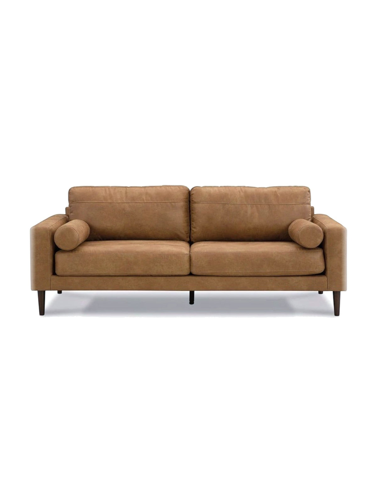 Canapé TOCO Meubles Telora en cuir caramel avec coussins cylindriques et pieds en bois foncé, vue de face