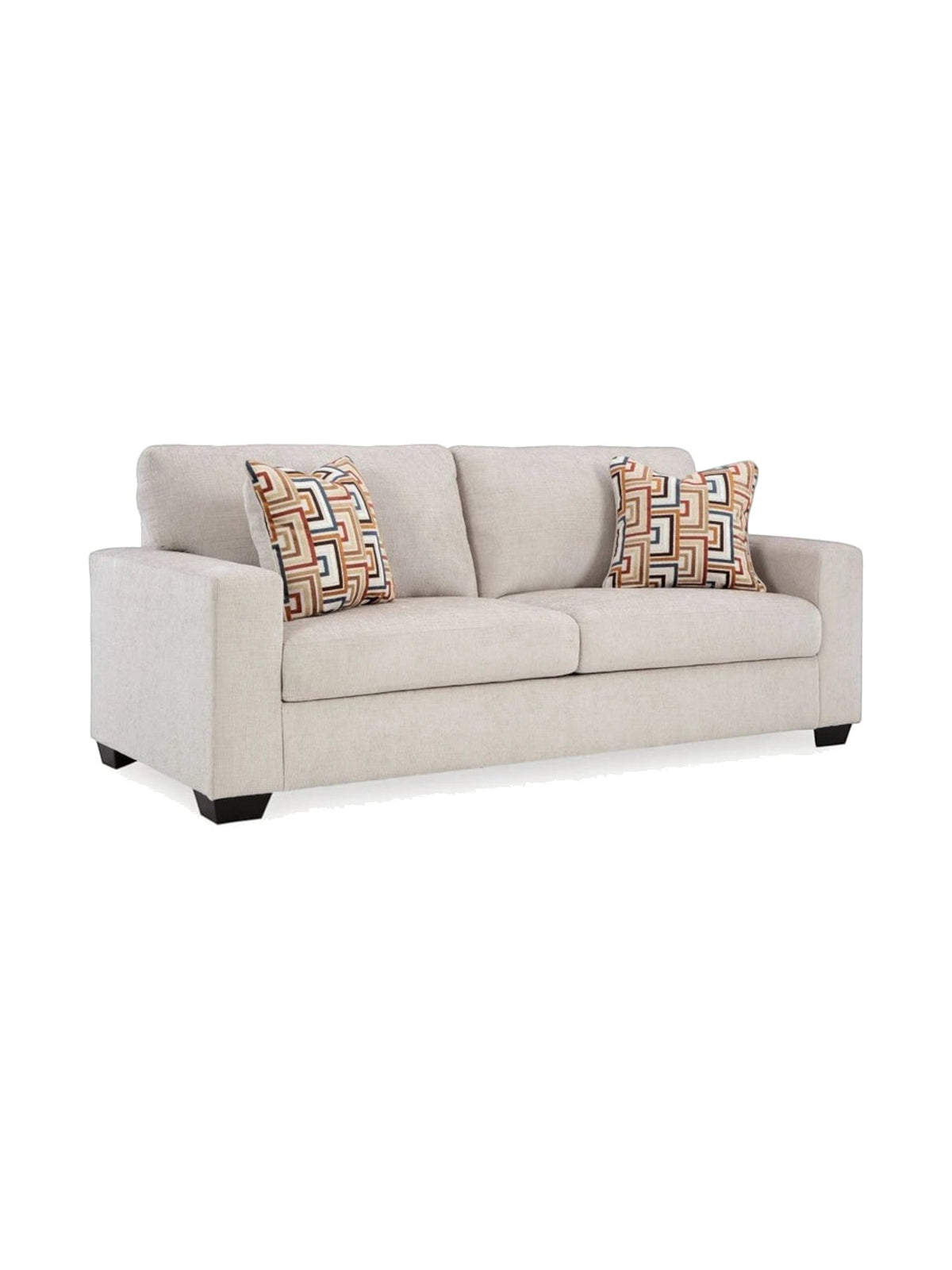 Canapé beige TOCO Meubles avec coussins décoratifs à motifs géométriques colorés et pieds en bois foncé