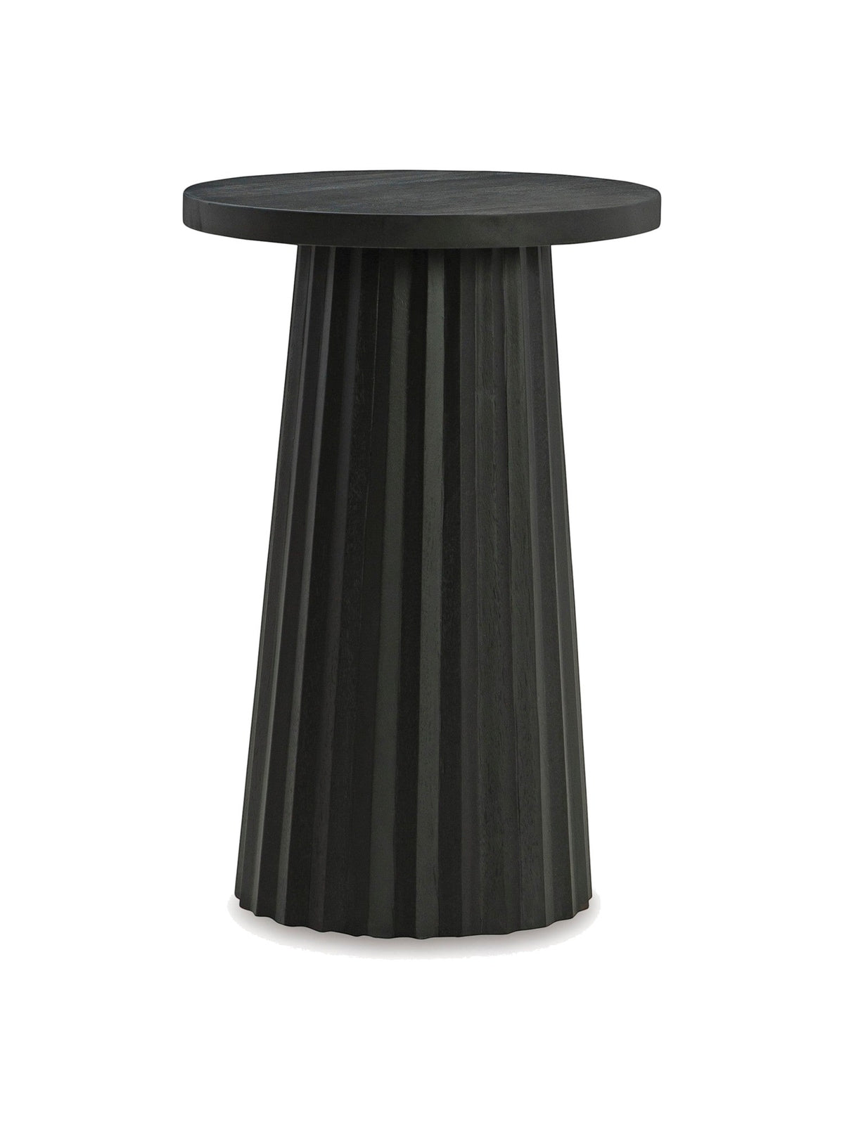 Table d'appoint ronde noire en bois massif TOCO Meubles avec base cannelée sculpturale, style contemporain.