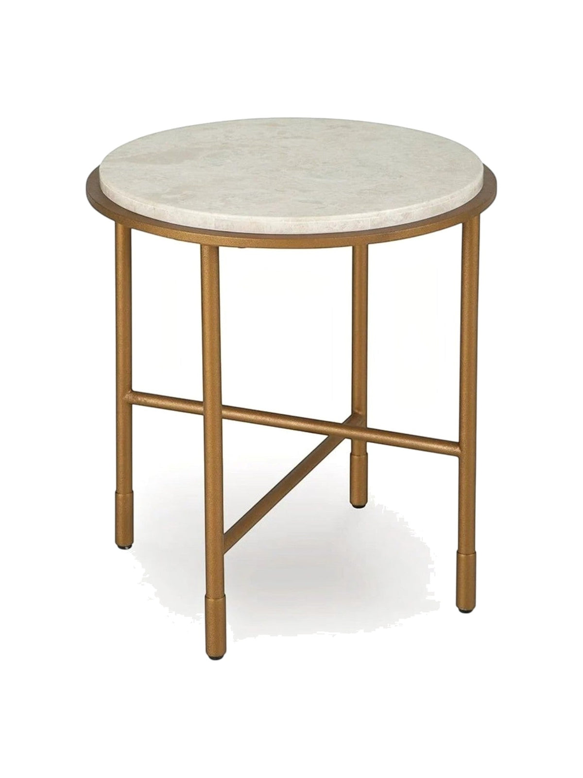 Table d'appoint ronde Alby de TOCO Meubles avec plateau en pierre claire et structure en métal doré